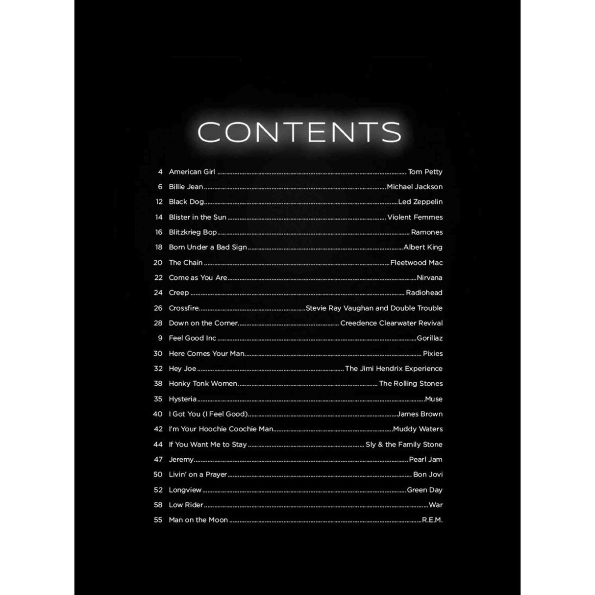List of song titles on a black background with white text