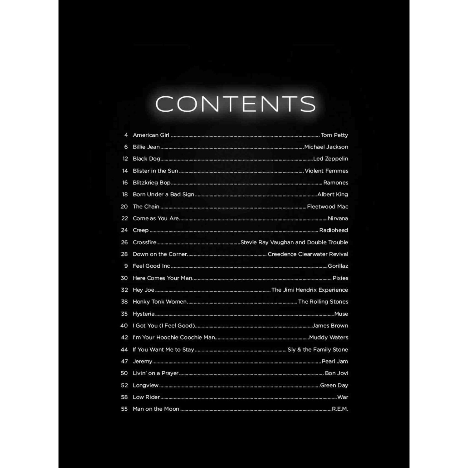 List of song titles on a black background with white text
