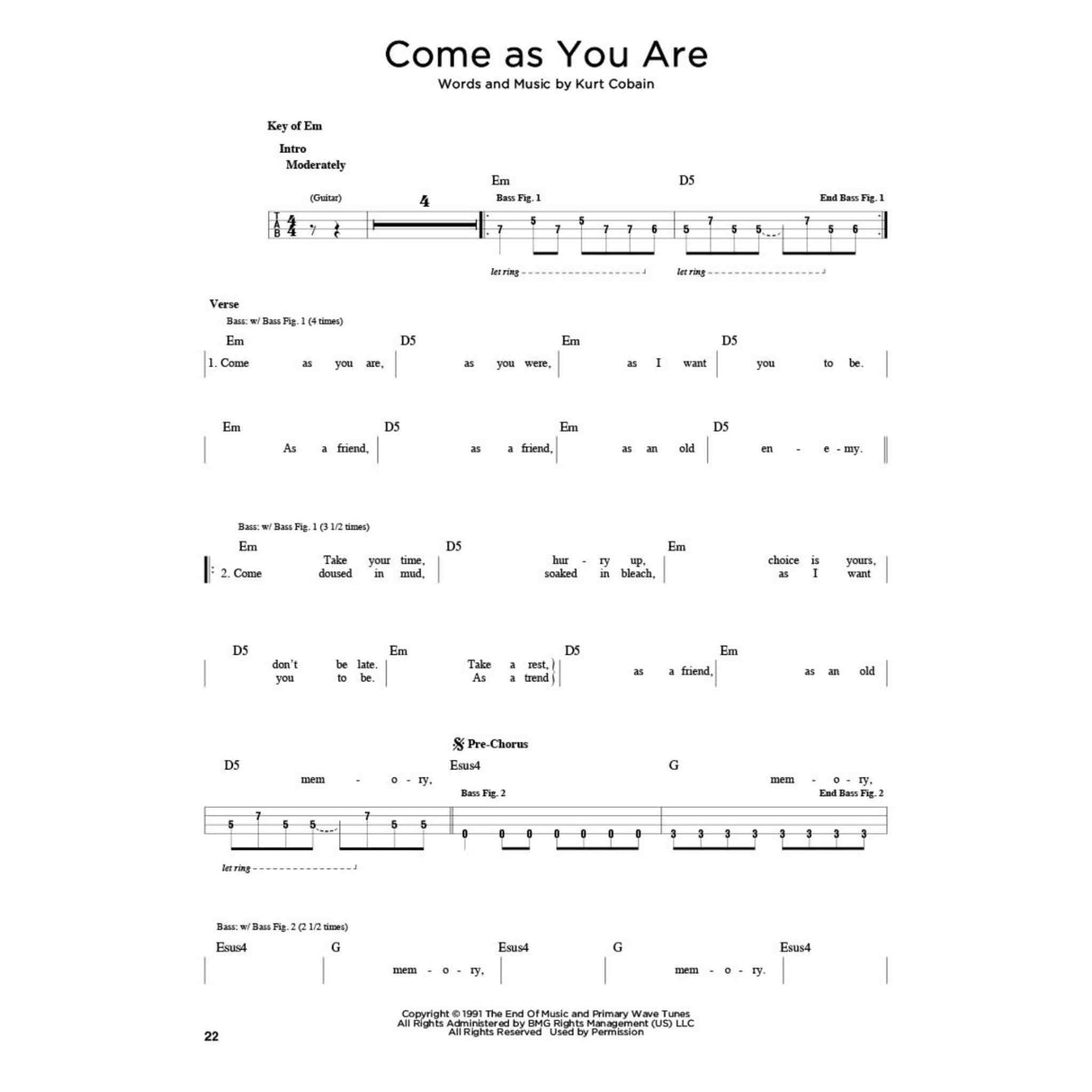 Sheet music for 'Come as You Are' by Kurt Cobain on a white background