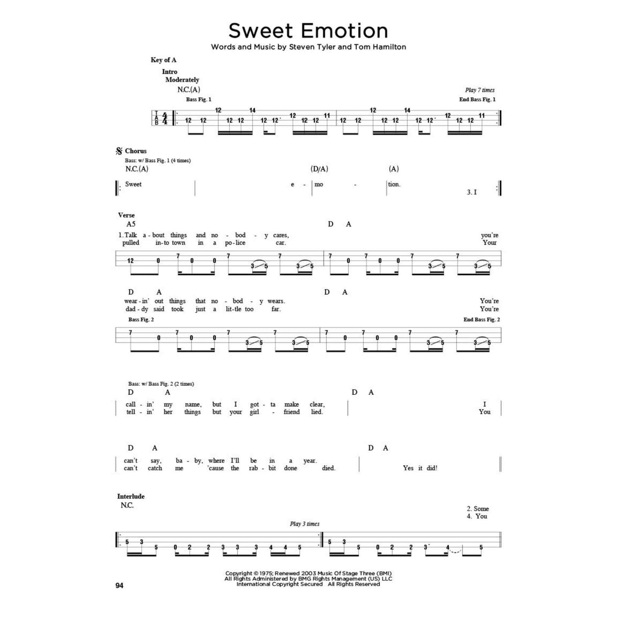 Sheet music for 'Sweet Emotion' by Aerosmith with lyrics and chords.