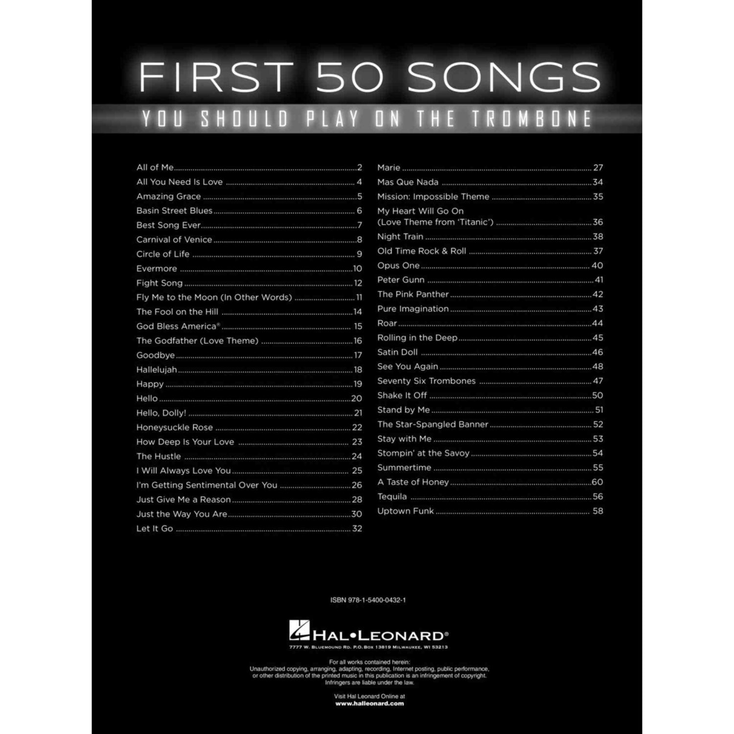 Table of contents for the music book 'First 50 Songs You Should Play on the Trombone' by Hal Leonard.