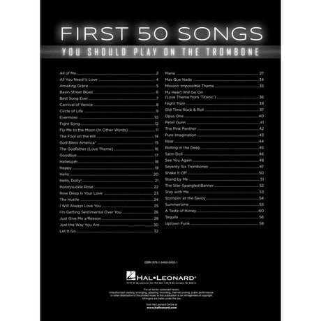 Table of contents for the music book 'First 50 Songs You Should Play on the Trombone' by Hal Leonard.