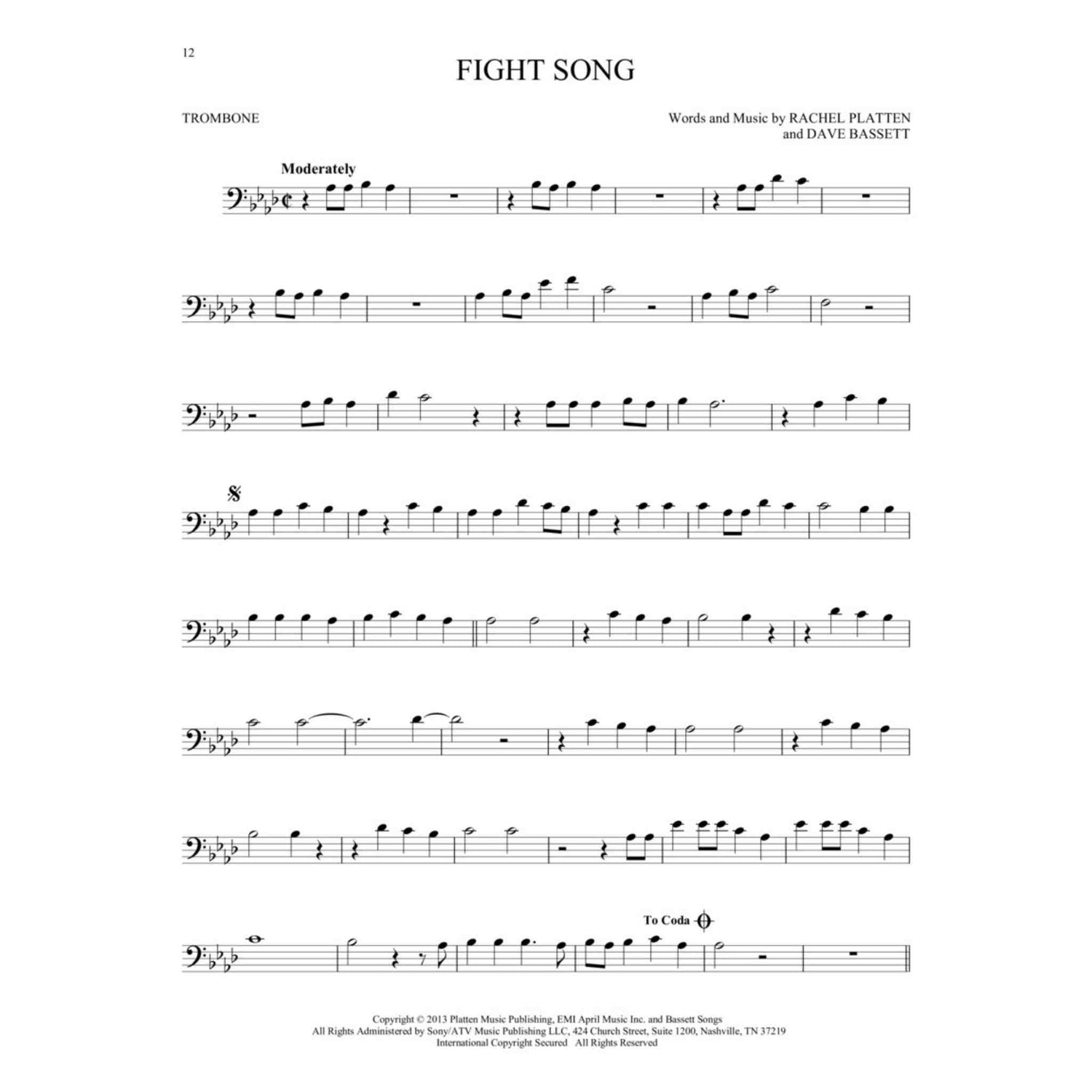 print music for 'Fight Song' by Rachel Platten and Dave Bassett, specifically for trombone.