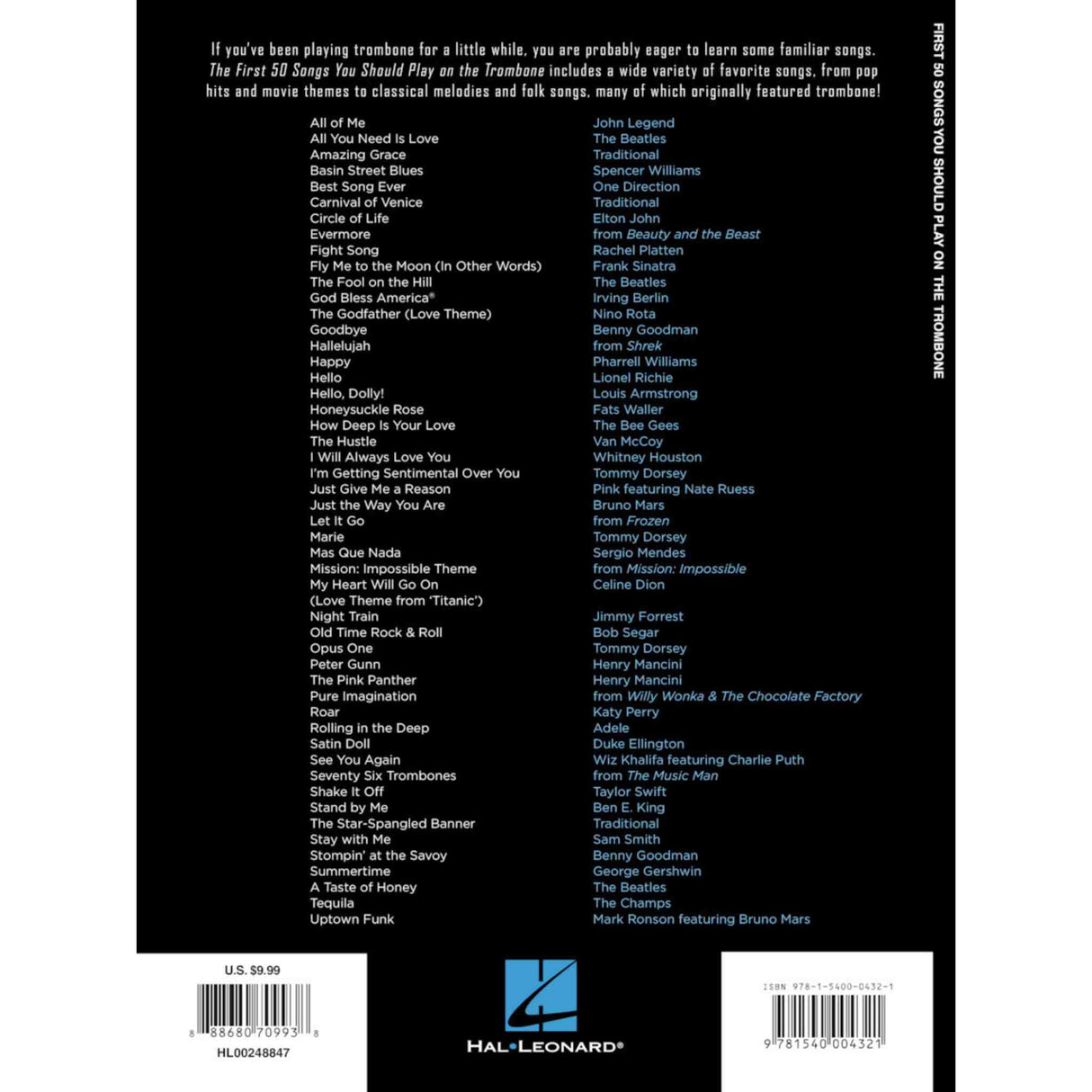 Back cover of a music book from trombone with a list of songs and Hal Leonard logo