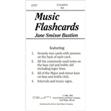 The image shows a set of Music Flashcards by Jane Smisor Bastien, model GP27, a complete set of 72 cards featuring note identification, key signatures, intervals, and music signs for bass and treble clefs. Designed for music students and teachers, it’s published by General Words and Music Company and distributed by Neil A. Kjos Music Company. The cards are a classic educational tool dating back to 1969 and 1984.
