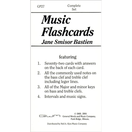 The image shows a set of Music Flashcards by Jane Smisor Bastien, model GP27, a complete set of 72 cards featuring note identification, key signatures, intervals, and music signs for bass and treble clefs. Designed for music students and teachers, it’s published by General Words and Music Company and distributed by Neil A. Kjos Music Company. The cards are a classic educational tool dating back to 1969 and 1984.