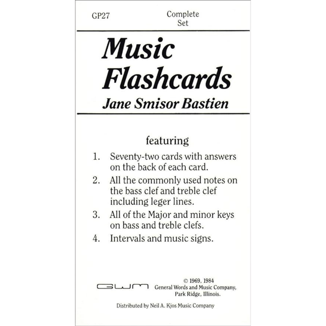 The image shows a set of Music Flashcards by Jane Smisor Bastien, model GP27, a complete set of 72 cards featuring note identification, key signatures, intervals, and music signs for bass and treble clefs. Designed for music students and teachers, it’s published by General Words and Music Company and distributed by Neil A. Kjos Music Company. The cards are a classic educational tool dating back to 1969 and 1984.