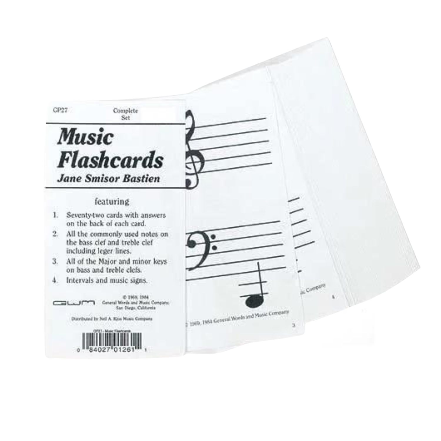 The image shows a set of **Music Flashcards** by Jane Smisor Bastien (model GP27), labeled "Complete Set." It includes 72 cards with answers on the back, covering notes on bass and treble clefs, major and minor keys, intervals, and music symbols. The cards and packaging are visible, featuring musical notation for teaching note recognition, music theory, and sight-reading skills.