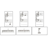 The image shows a set of music education cards, including three with staff notation featuring treble and bass clefs, and three with piano keyboard diagrams labeled "B" and "F." These materials are likely used for teaching music reading, piano key identification, and basic theory, designed as simple flashcards or worksheets for beginner to intermediate students focused on piano and music notation skills.