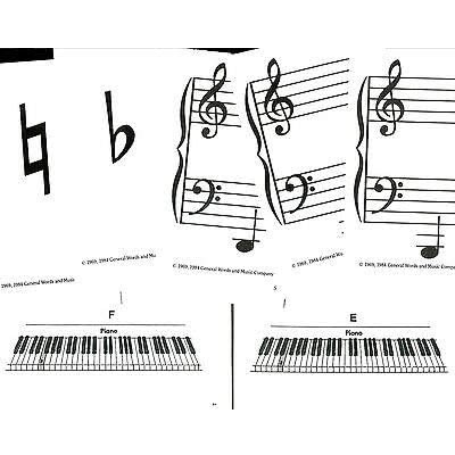 The image shows sheet music with treble and bass clefs, musical notation, and piano keyboard diagrams labeled "F" and "E" illustrating keys for notes or chords. It includes musical symbols like a flat (♭) and copyright text at the bottom. This instructional sheet links written music to piano keys, likely intended for music students or teaching piano theory.