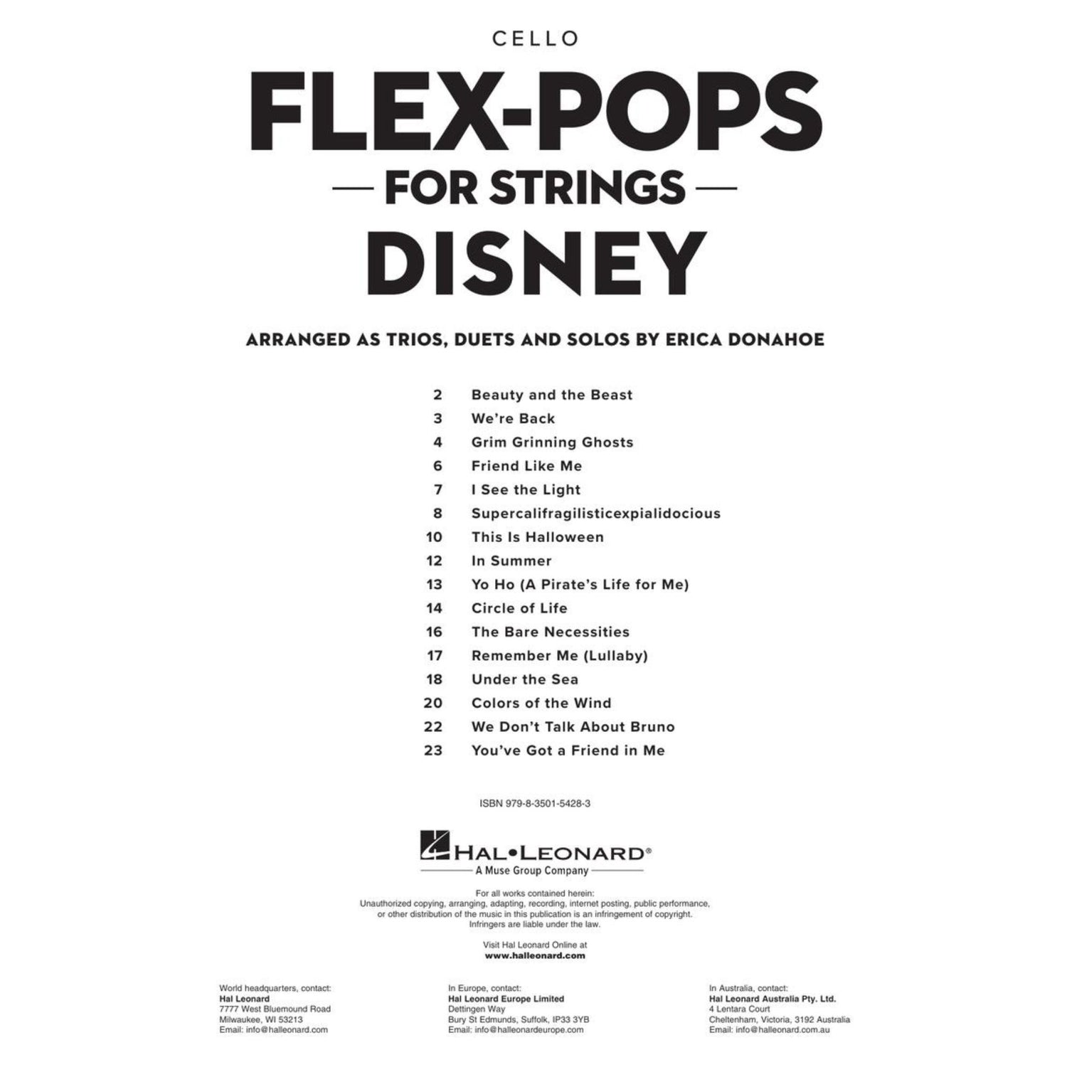 Table of contents for the music book 'Flex-Pops for Strings Disney for Cello' arranged by Erica Donahoe, featuring a list of songs on a white background.