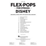 Table of contents for the music book 'Flex-Pops for Strings Disney for Cello' arranged by Erica Donahoe, featuring a list of songs on a white background.