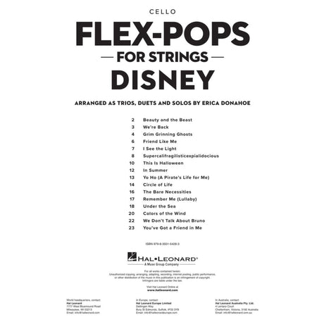 Table of contents for the music book 'Flex-Pops for Strings Disney for Cello' arranged by Erica Donahoe, featuring a list of songs on a white background.