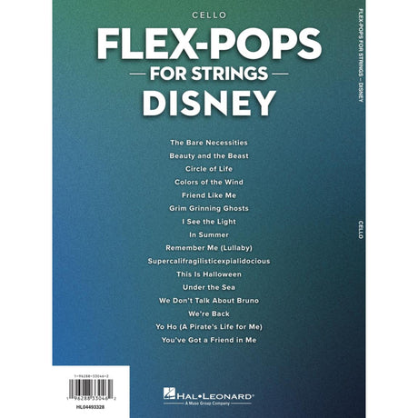 The back cover of the sheet music book 'Flex-Pops for Strings Disney' on cello with a blue gradient background.