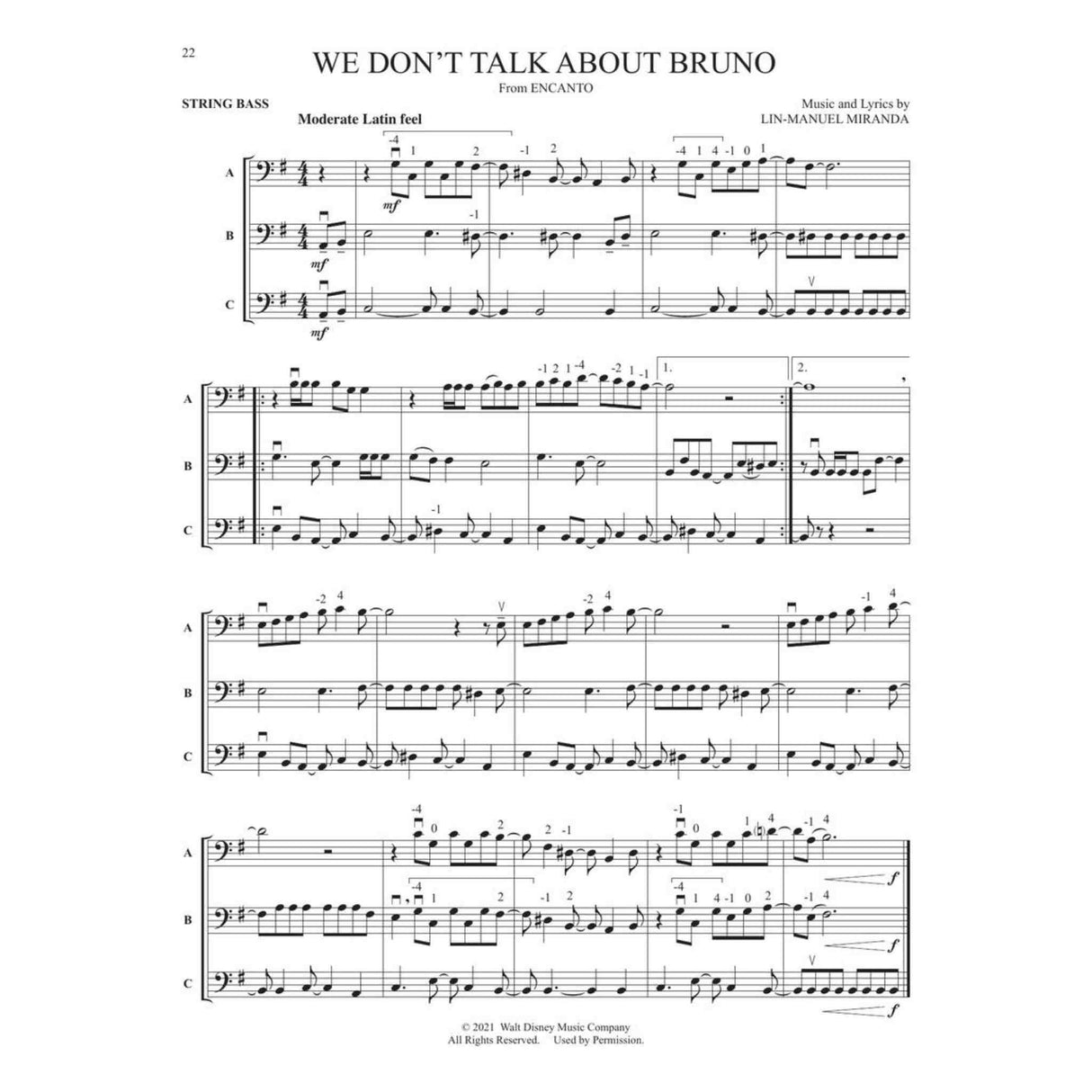 String Bass music for the song, "We don't talk about bruno," from the Disney movie Encanto. 