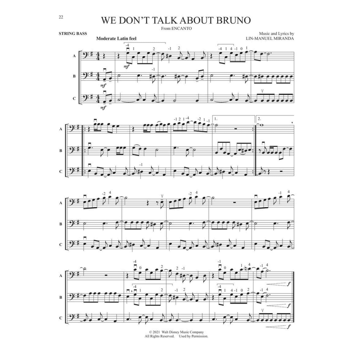 String Bass music for the song, "We don't talk about bruno," from the Disney movie Encanto. 