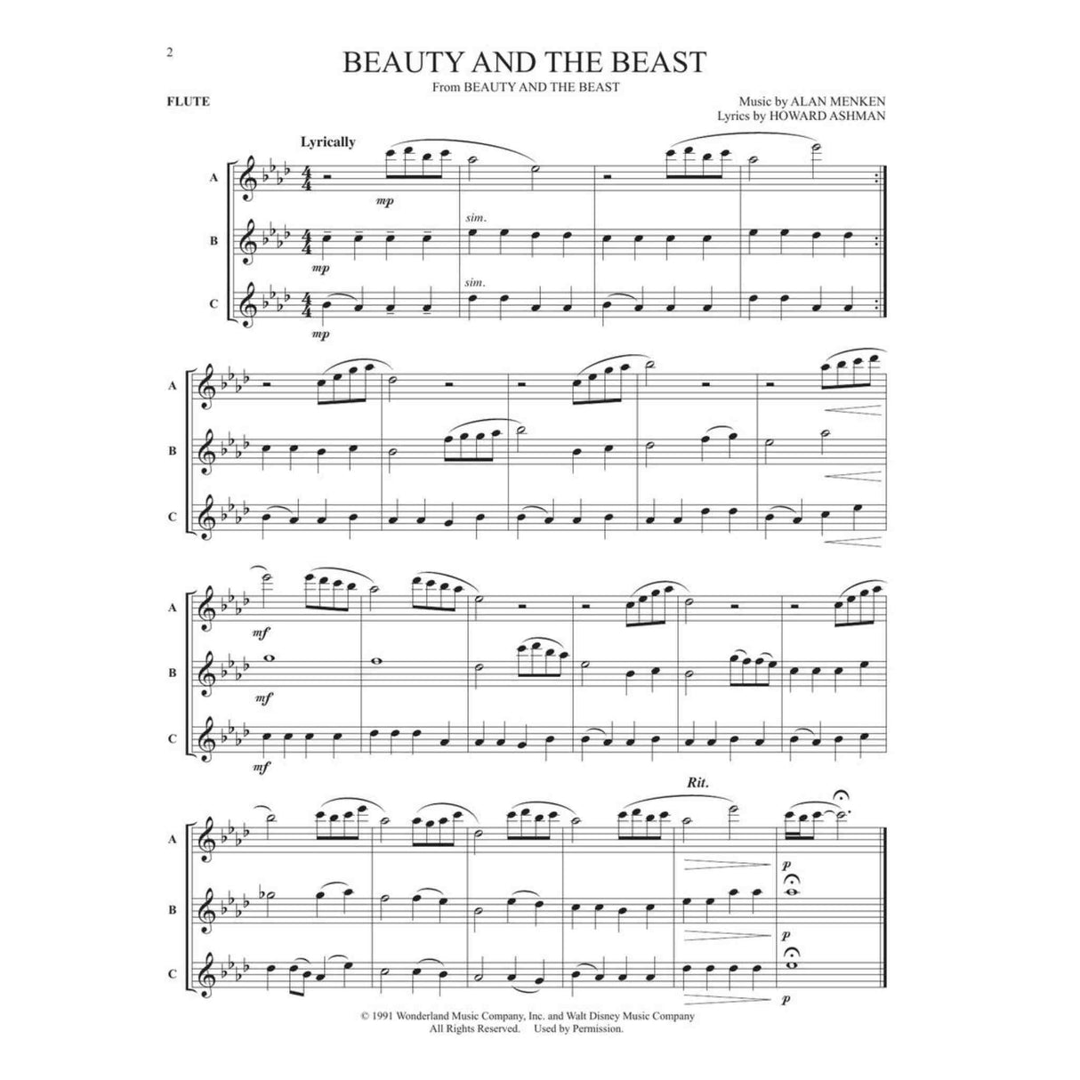 Sheet music for 'Beauty and the Beast' from 'Beauty and the Beast' with flute notation.