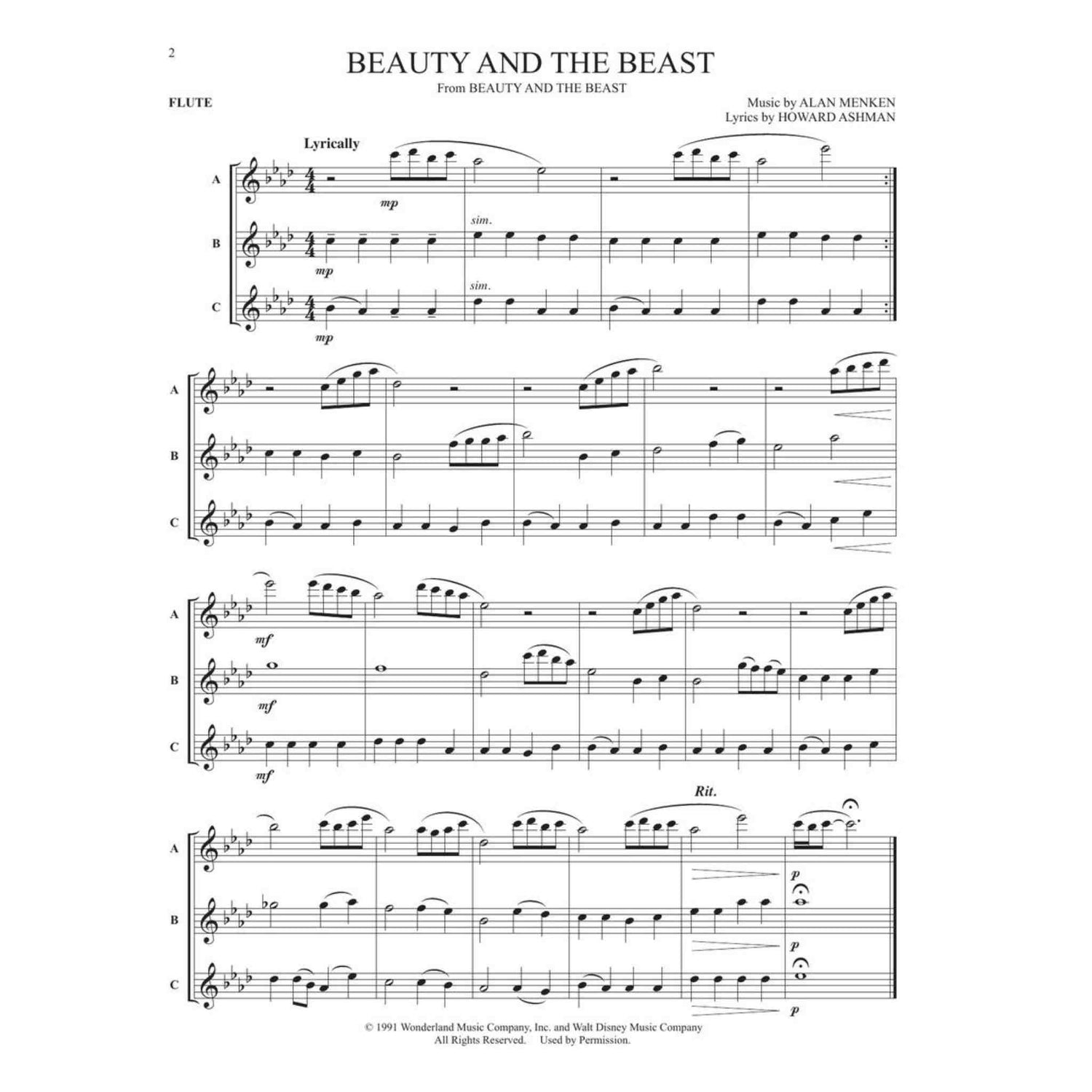 Sheet music for 'Beauty and the Beast' from 'Beauty and the Beast' with flute notation.