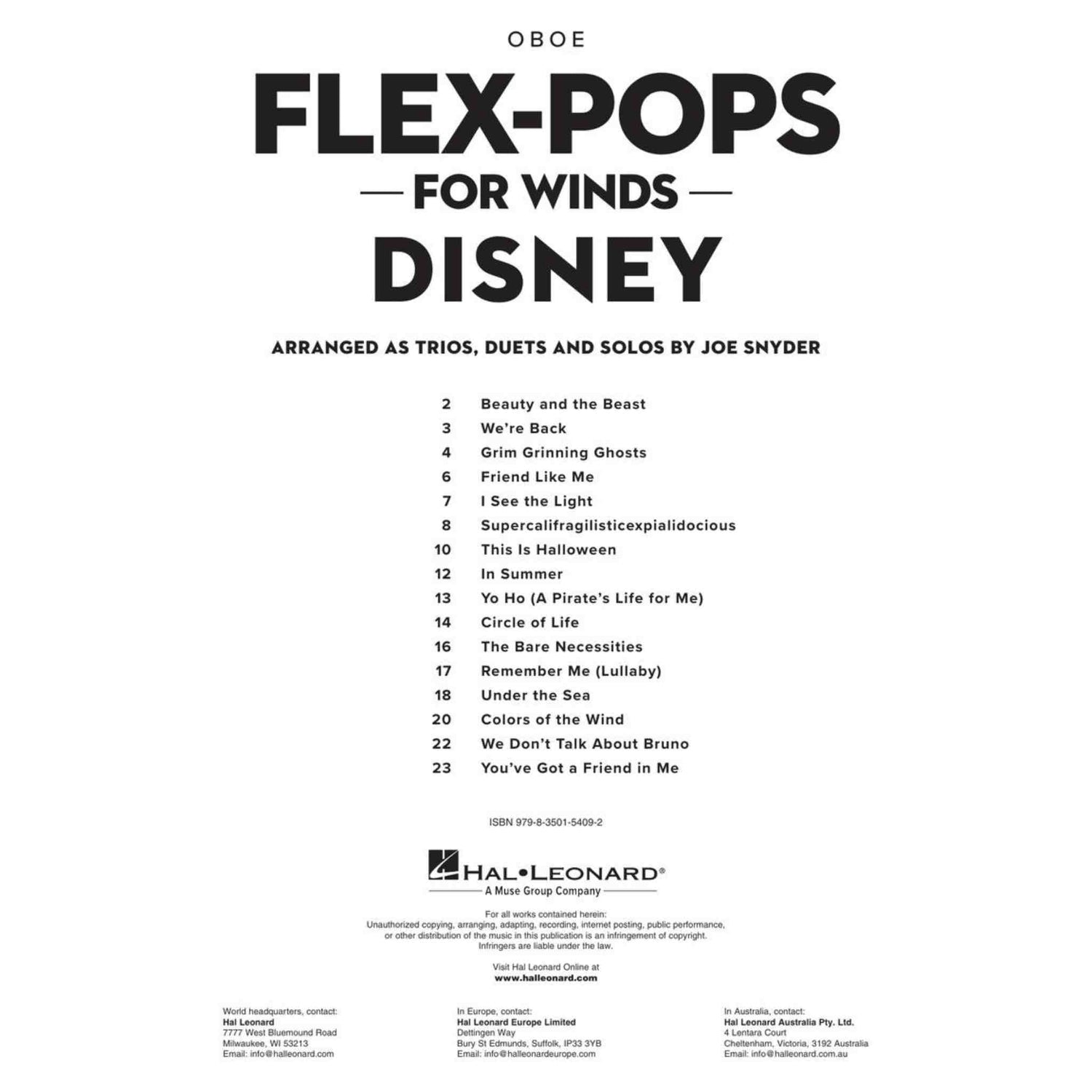 Table of contents for the music book 'Flex-Pops for Winds Disney' arranged by Joe Snyder, featuring a list of songs for oboe on a white background.