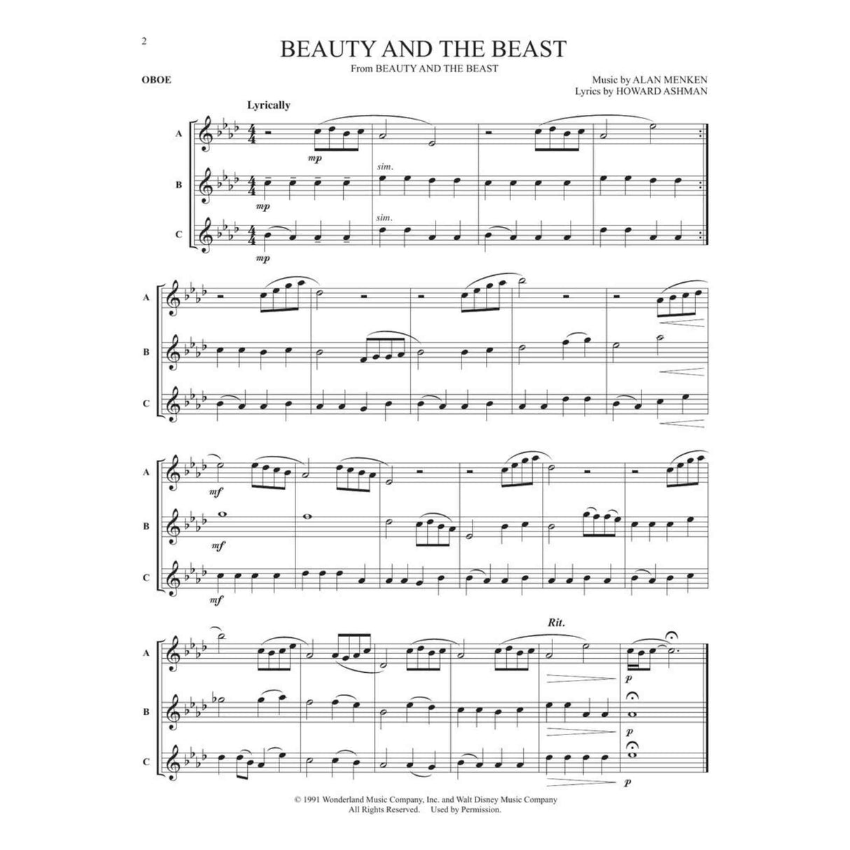 Sheet music for oboe of the song 'Beauty and the Beast' by Alan Menken and Howard Ashman on a white background