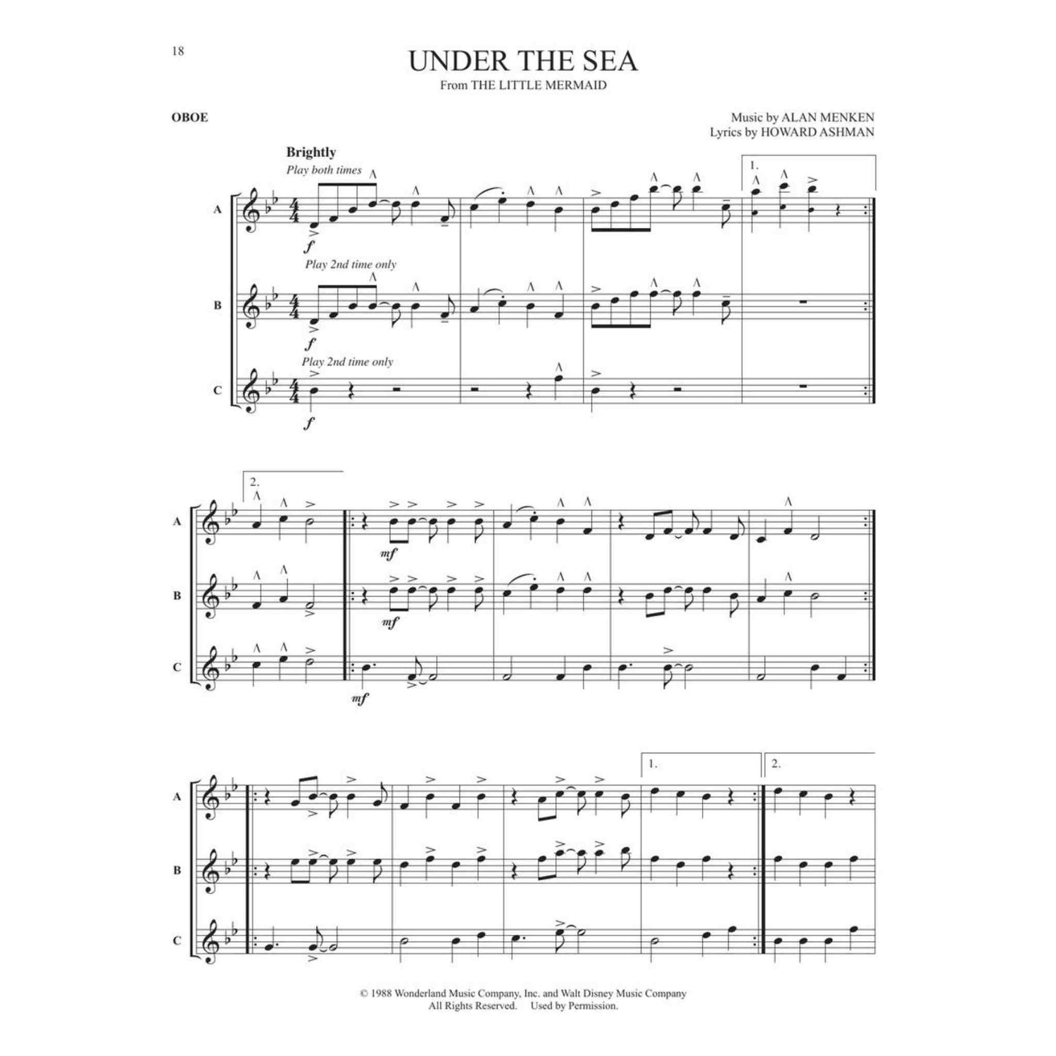 Sheet music for oboe for the song 'Under the Sea' from 'The Little Mermaid' with musical notation and composer names.