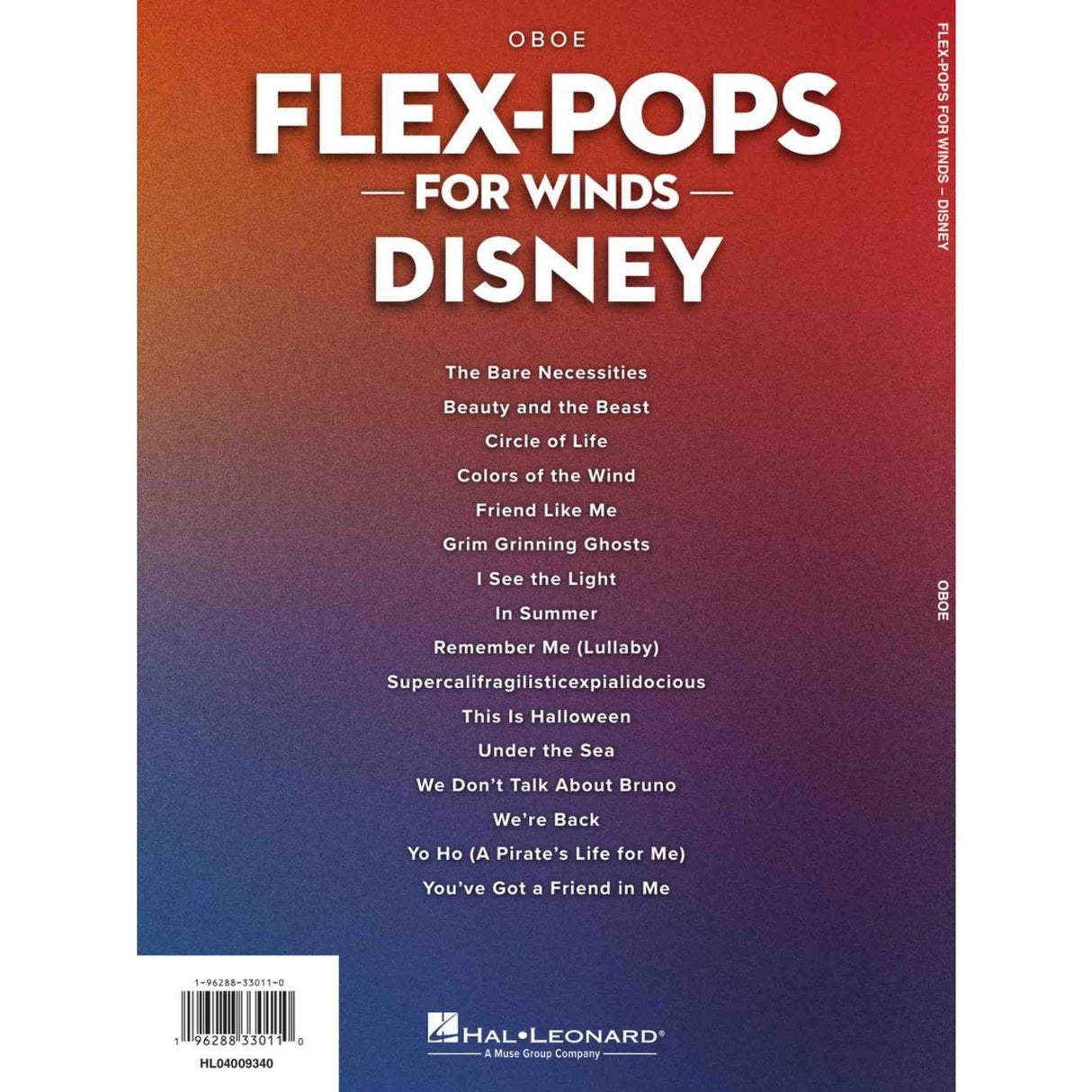 Back cover of the the music book 'Flex-Pops for Winds Disney' by Hal Leonard with a gradient background.