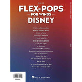 Back cover of the the music book 'Flex-Pops for Winds Disney' by Hal Leonard with a gradient background.