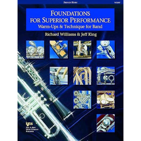 Book cover of 'Foundations for Superior Performance' for French Horn by Richard Williams and Jeff King with images of musical instruments on a blue background.
