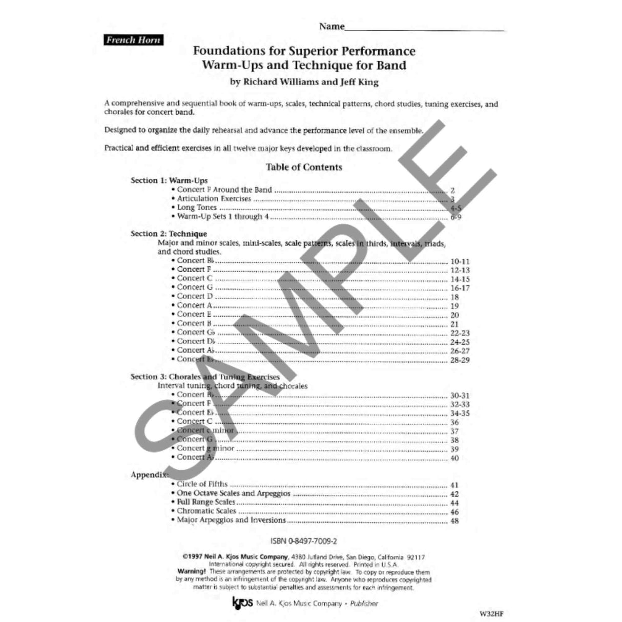 Table of contents for a music book titled 'Foundations for Superior Performance Warm-Ups and Technique for Band' French Horn edition by Richard Williams and Jeff King.