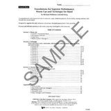 Table of contents for a music book titled 'Foundations for Superior Performance Warm-Ups and Technique for Band' French Horn edition by Richard Williams and Jeff King.