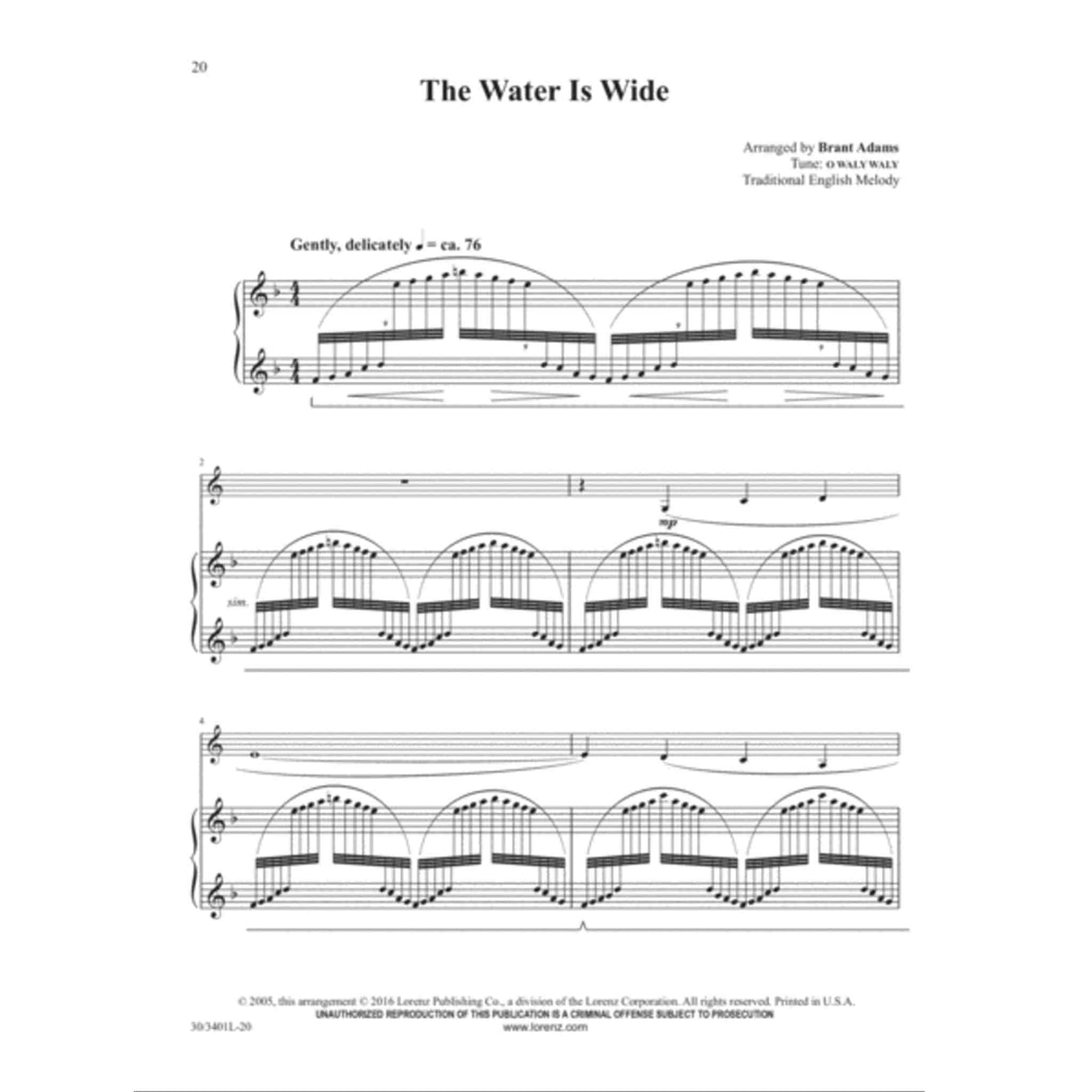 Sheet music for 'The Water Is Wide' arranged for French Horn by Brent Adams on a white background.