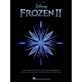 The image shows the cover of a Disney "Frozen II" Easy Piano sheet music book. It features the Disney logo, the title "FROZEN II" in icy, stylized text, and a blue and white crystalline snowflake design on a black background. The cover notes it includes music from the motion picture soundtrack with original songs by Kristen Anderson-Lopez and Robert Lopez. Published by Hal Leonard, it is designed for beginner to intermediate piano players.