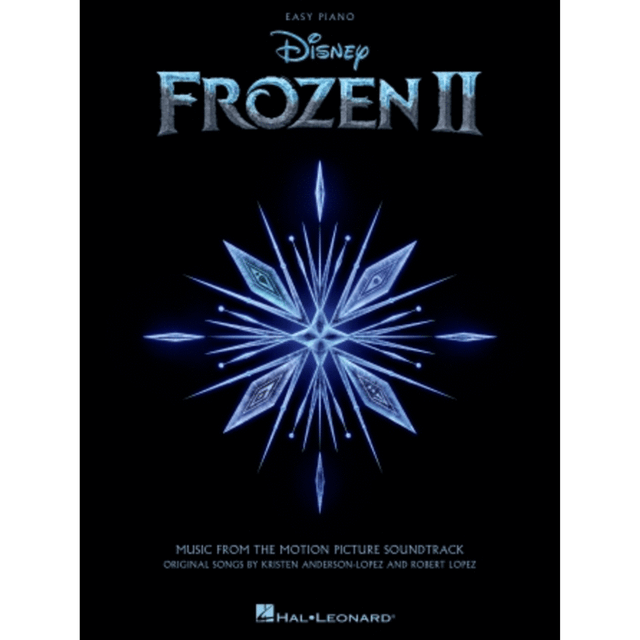 The image shows the cover of a Disney "Frozen II" Easy Piano sheet music book. It features the Disney logo, the title "FROZEN II" in icy, stylized text, and a blue and white crystalline snowflake design on a black background. The cover notes it includes music from the motion picture soundtrack with original songs by Kristen Anderson-Lopez and Robert Lopez. Published by Hal Leonard, it is designed for beginner to intermediate piano players.