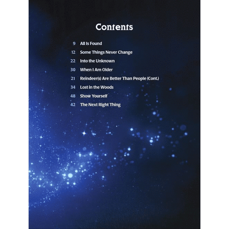The image shows a table of contents page from a music book with a deep blue starry night sky background. It lists 8 songs with page numbers, including “All Is Found” (9), “Some Things Never Change” (12), “Into the Unknown” (22), and others. The titles suggest it is a songbook for Disney’s "Frozen 2" soundtrack, likely featuring sheet music for various instruments.