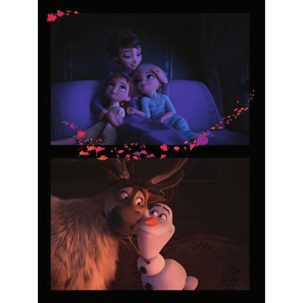The image shows a scene from Disney's animated movie "Frozen," featuring characters in two panels—one with characters sitting together, and another with Sven the reindeer and Olaf the snowman. There are no musical instruments, accessories, or music-related products visible. The image appears to be promotional or artistic material from the film.