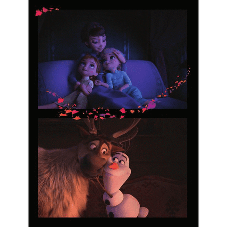 The image shows a scene from Disney's animated movie "Frozen," featuring characters in two panels—one with characters sitting together, and another with Sven the reindeer and Olaf the snowman. There are no musical instruments, accessories, or music-related products visible. The image appears to be promotional or artistic material from the film.