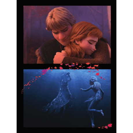 The image shows two scenes from Disney's "Frozen 2." The top panel features Anna and Kristoff sharing an emotional embrace, while the bottom panel depicts characters in a blue-toned underwater or magical setting. Although "Frozen 2" is a musical film, this image contains no visible musical instruments, sheet music, or related accessories.