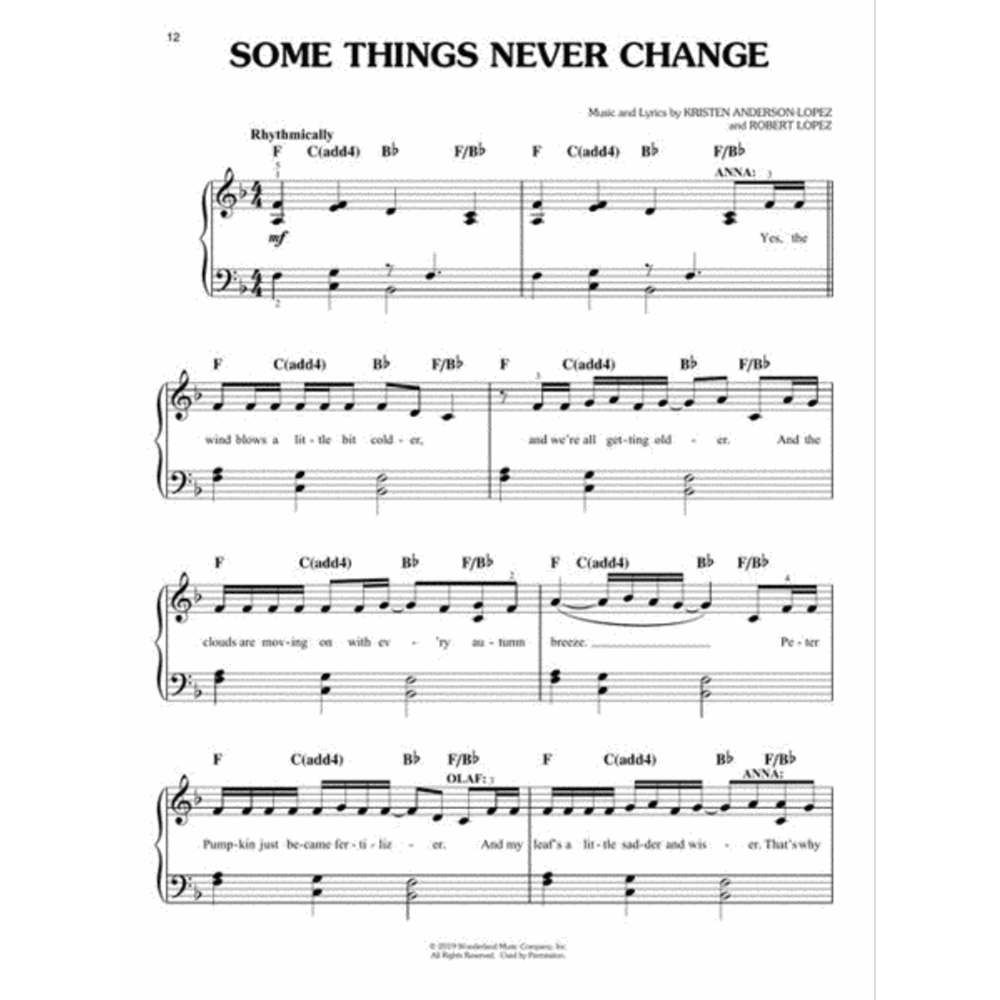 The image shows page 12 of the piano/vocal sheet music for "Some Things Never Change" by Kristen Anderson-Lopez and Robert Lopez. It features standard notation in 4/4 time with chord symbols (F, C(add4), Bb, F/Bb), lyrics under the melody, character cues for ANNA and OLAF, and dynamic marking "mf." Lyrics include phrases like "wind blows a little bit colder." This score is from the "Frozen 2" soundtrack.