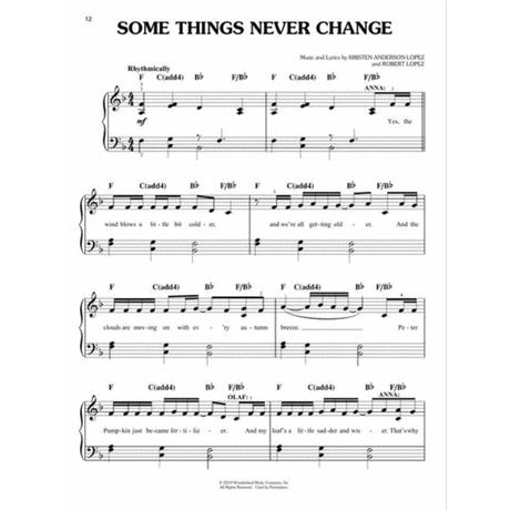 The image shows page 12 of the piano/vocal sheet music for "Some Things Never Change" by Kristen Anderson-Lopez and Robert Lopez. It features standard notation in 4/4 time with chord symbols (F, C(add4), Bb, F/Bb), lyrics under the melody, character cues for ANNA and OLAF, and dynamic marking "mf." Lyrics include phrases like "wind blows a little bit colder." This score is from the "Frozen 2" soundtrack.