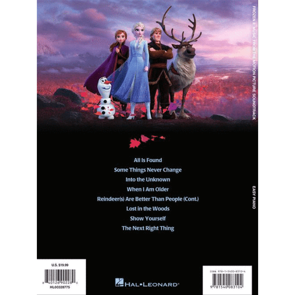 The image shows the back cover of a Hal Leonard music book featuring easy piano arrangements from Disney's "Frozen 2" soundtrack. It includes the Hal Leonard logo, a tracklist of songs like "Into the Unknown" and "Show Yourself," pricing ($19.99), and product codes. This typical sheet music book offers simplified piano versions of popular movie songs for home musicians.