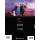 The image shows the back cover of a Hal Leonard music book featuring easy piano arrangements from Disney's "Frozen 2" soundtrack. It includes the Hal Leonard logo, a tracklist of songs like "Into the Unknown" and "Show Yourself," pricing ($19.99), and product codes. This typical sheet music book offers simplified piano versions of popular movie songs for home musicians.