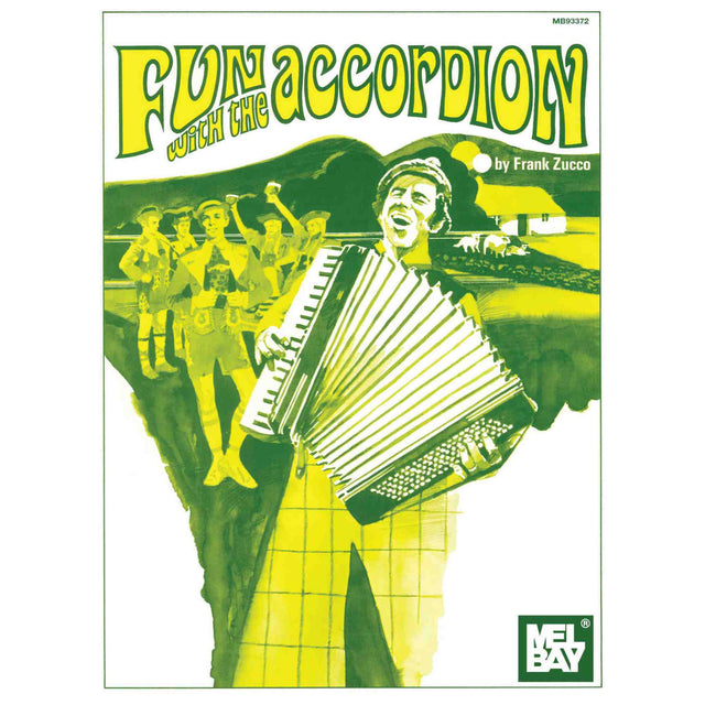 Book cover of 'Fun with the Accordion' by Frank Zucco with a man playing an accordion and men in the background.