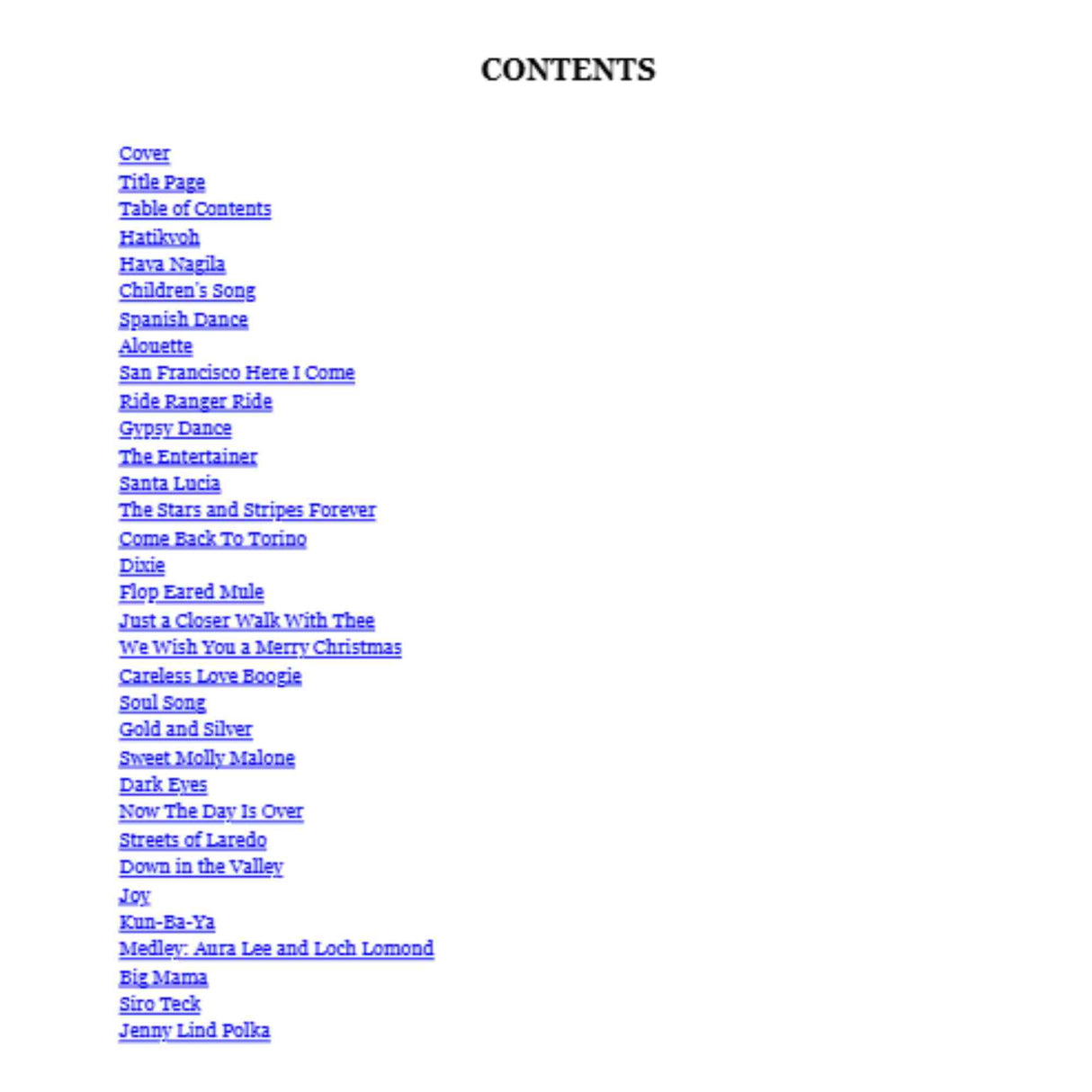 Table of contents for the music book Fun with the Accordion. 