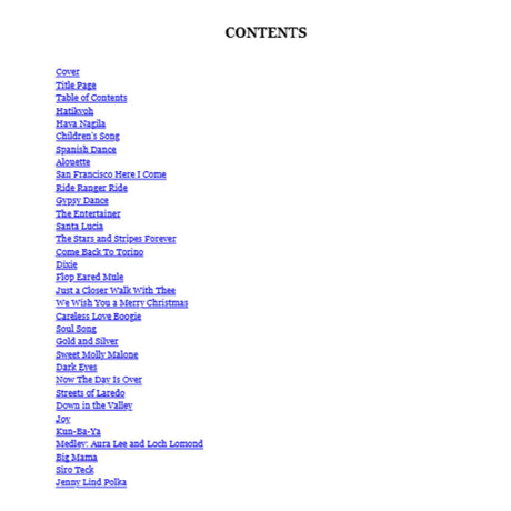 Table of contents for the music book Fun with the Accordion. 