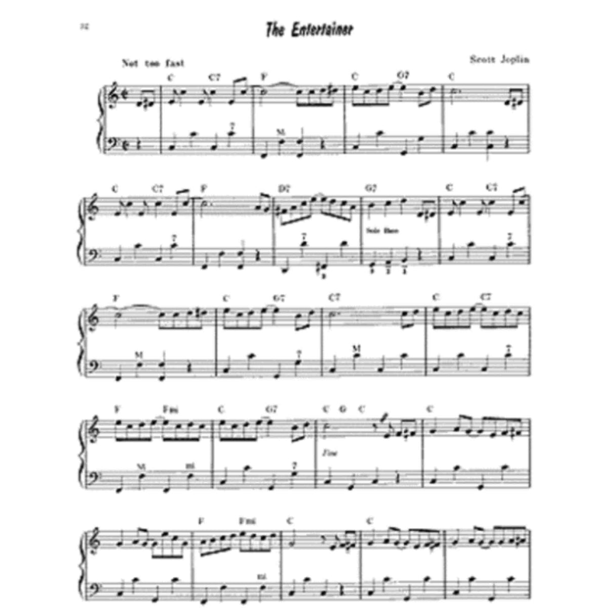 Sheet music for 'The Entertainer' by Scott Joplin for accordion on a white background.
