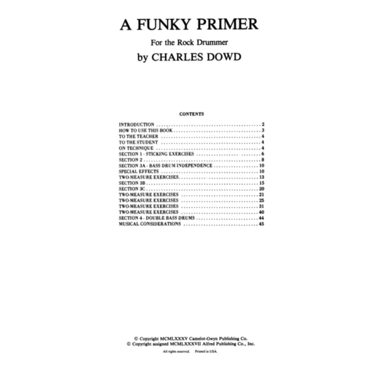 Table of contents for 'A Funky Primer for the Rock Drummer' by Charles Dowd on a white background.
