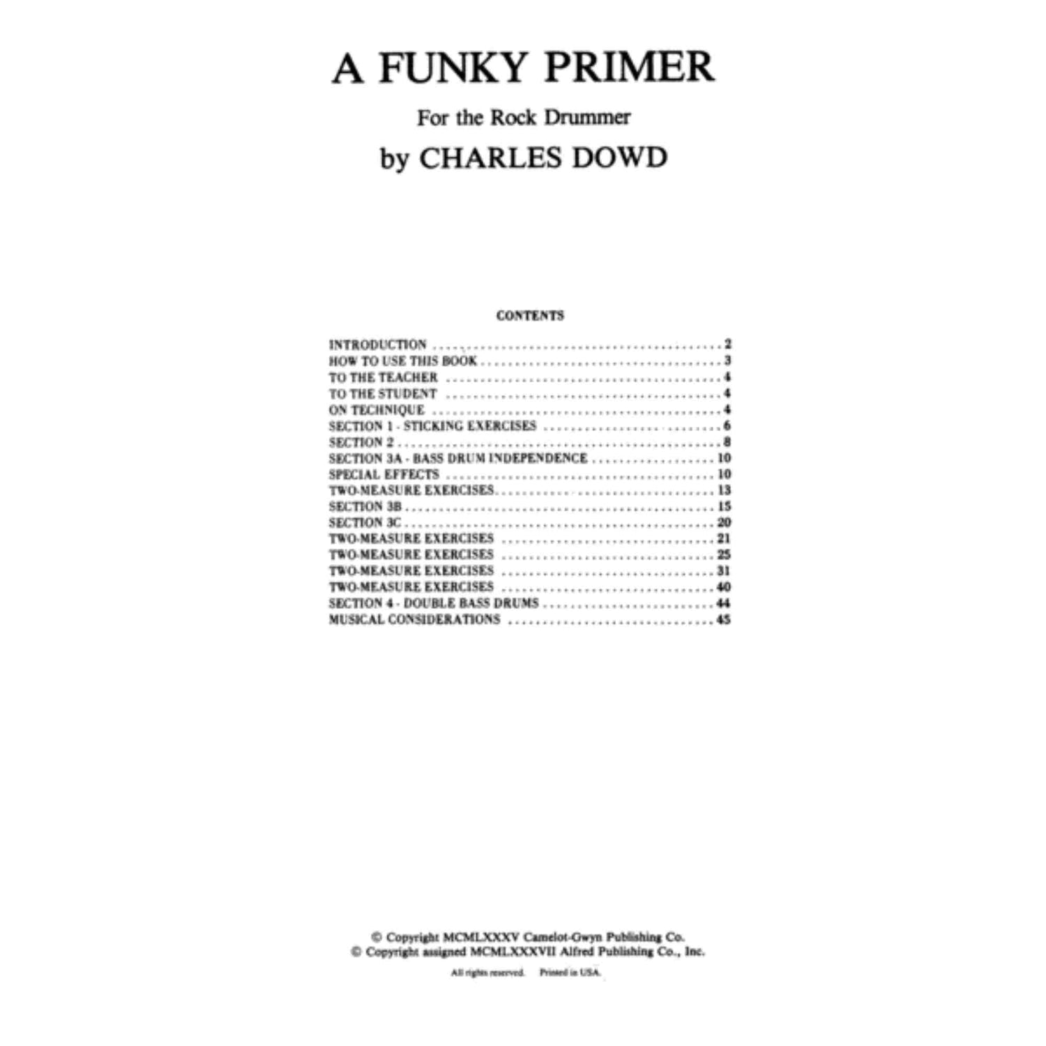 Table of contents for 'A Funky Primer for the Rock Drummer' by Charles Dowd on a white background.