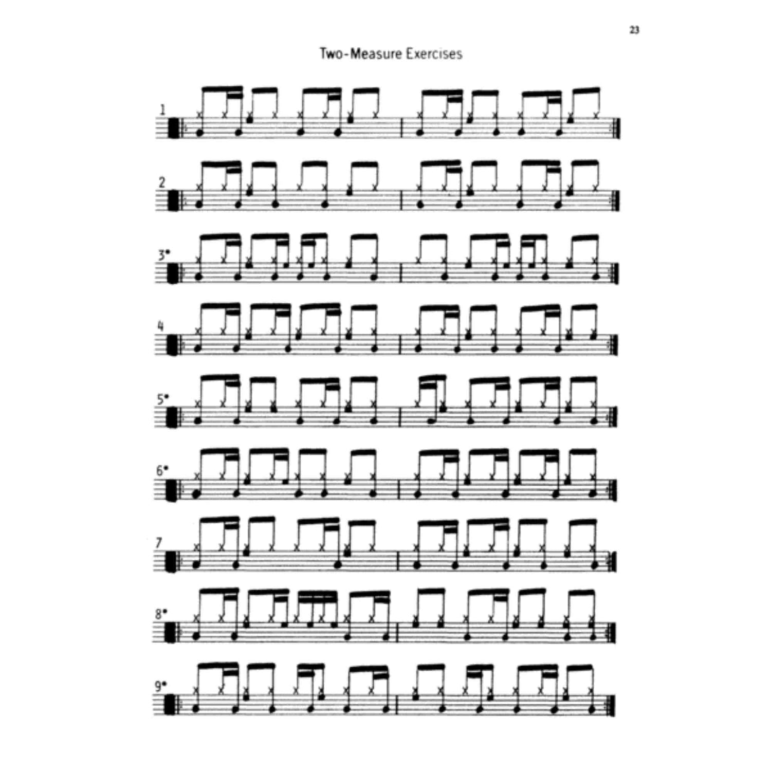 Sheet music for two-measure exercises with rhythmic patterns on a white background