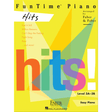 The image shows a piano method book titled "FunTime Piano Hits" by Faber Piano Adventures and Hal Leonard for Level 3A-3B students, labeled "Easy Piano." The colorful cover has a yellow background with geometric shapes forming the word "hits!" It features popular songs like "Feel It Still," "Million Reasons," and "Roar," aimed at making contemporary music accessible to intermediate piano students.
