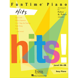 The image shows a piano method book titled "FunTime Piano Hits" by Faber Piano Adventures and Hal Leonard for Level 3A-3B students, labeled "Easy Piano." The colorful cover has a yellow background with geometric shapes forming the word "hits!" It features popular songs like "Feel It Still," "Million Reasons," and "Roar," aimed at making contemporary music accessible to intermediate piano students.